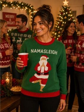 Northern Pole Namasleigh Santa Yoga Christmas Sweater Small Funny Holiday